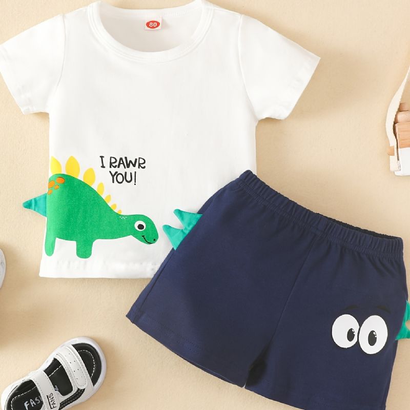 2 Stk Baby Drenge Kortærmet Dinosaur Letter Print Tee & Shorts Sæt Børnetøj