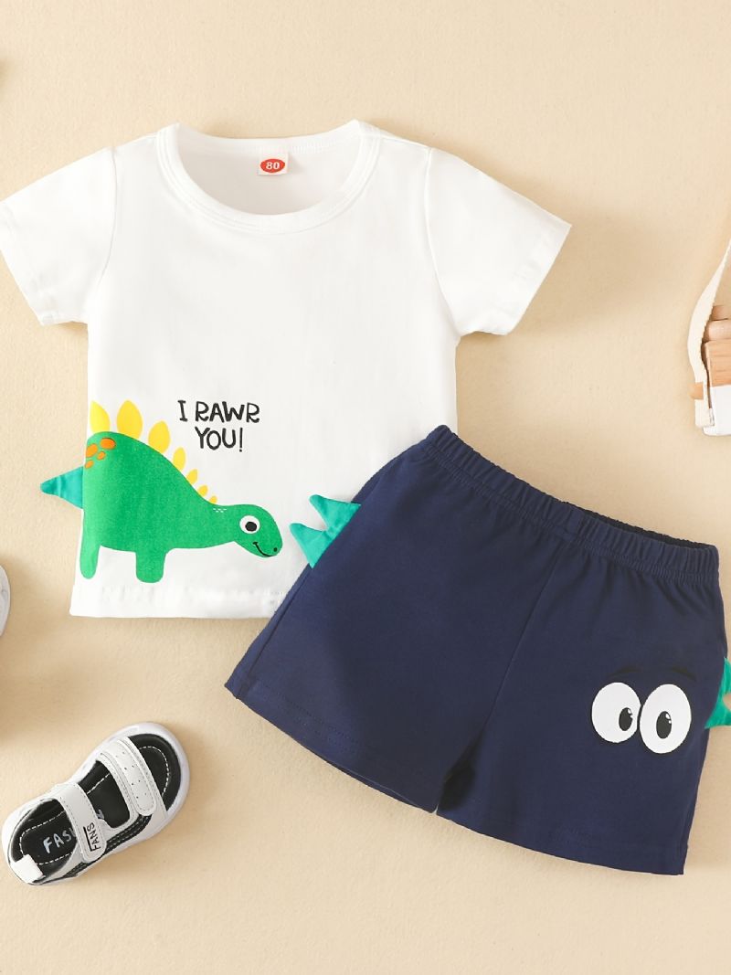 2 Stk Baby Drenge Kortærmet Dinosaur Letter Print Tee & Shorts Sæt Børnetøj