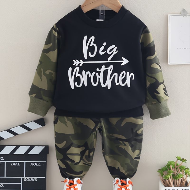 2 Stk Baby Drenge Letter Camouflage Print Pullover Rund Hals Langærmet Sweatshirt & Bukse Sæt