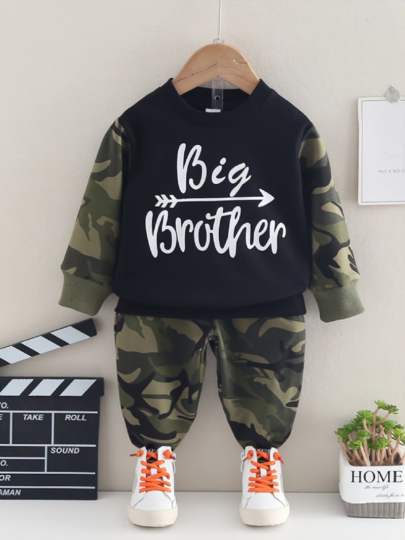 2 Stk Baby Drenge Letter Camouflage Print Pullover Rund Hals Langærmet Sweatshirt & Bukse Sæt