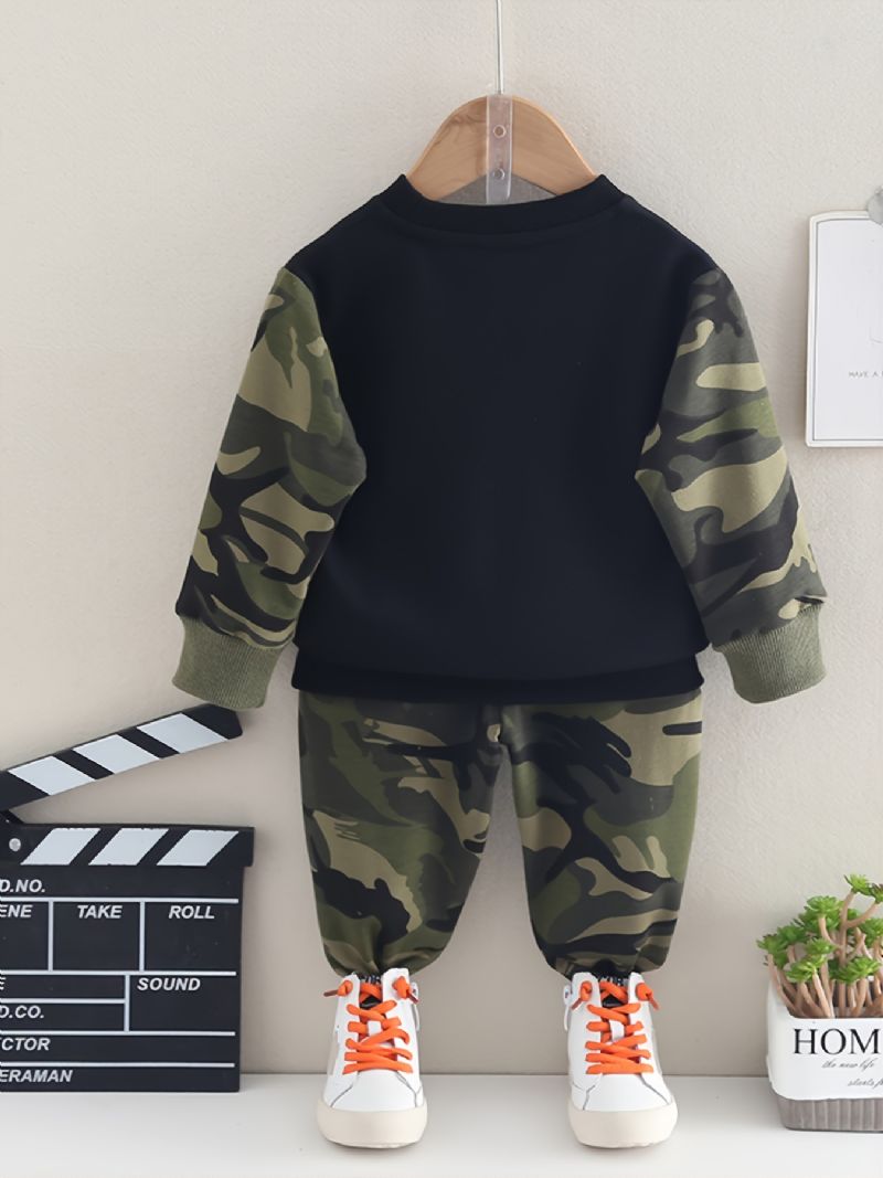 2 Stk Baby Drenge Letter Camouflage Print Pullover Rund Hals Langærmet Sweatshirt & Bukse Sæt