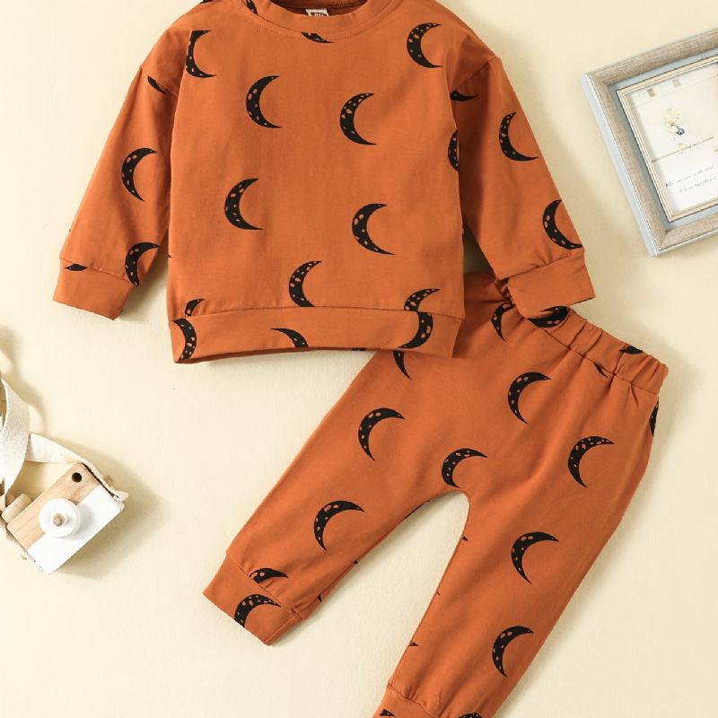 2 Stk Baby Drenge Moon Print Rundhalset Langærmet Sweatshirt & Buksesæt