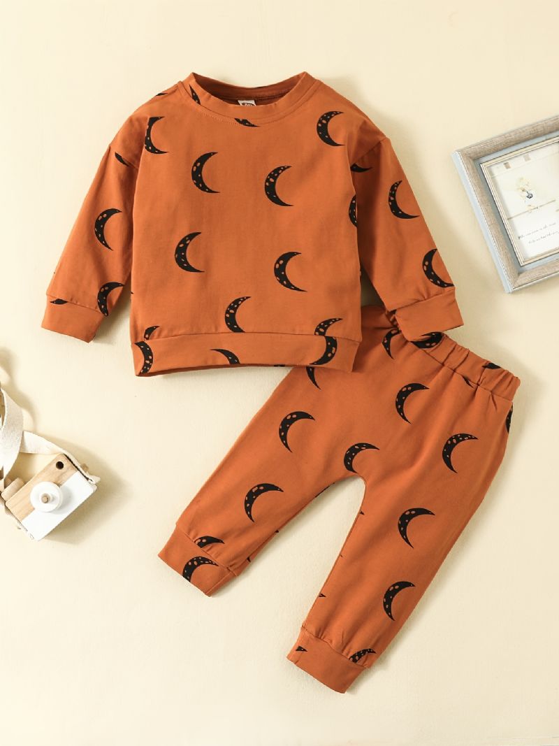 2 Stk Baby Drenge Moon Print Rundhalset Langærmet Sweatshirt & Buksesæt