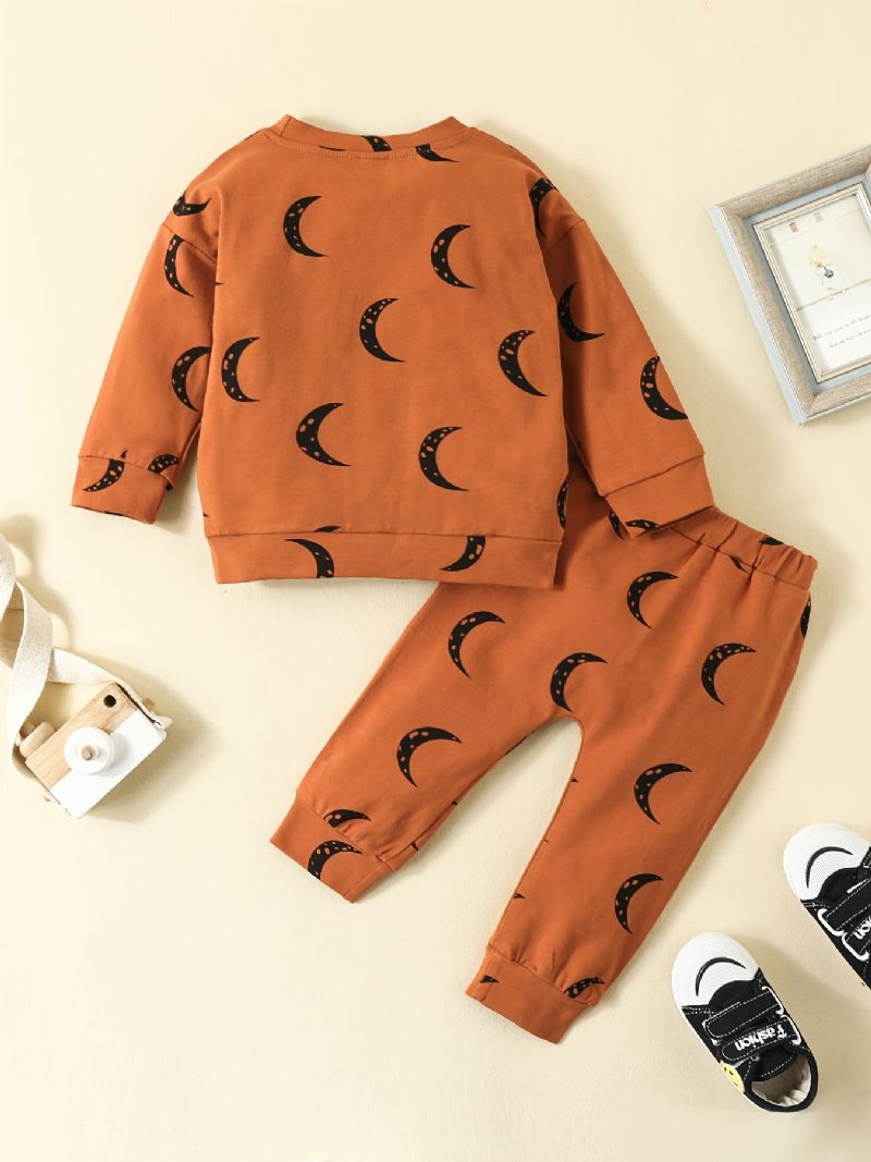 2 Stk Baby Drenge Moon Print Rundhalset Langærmet Sweatshirt & Buksesæt