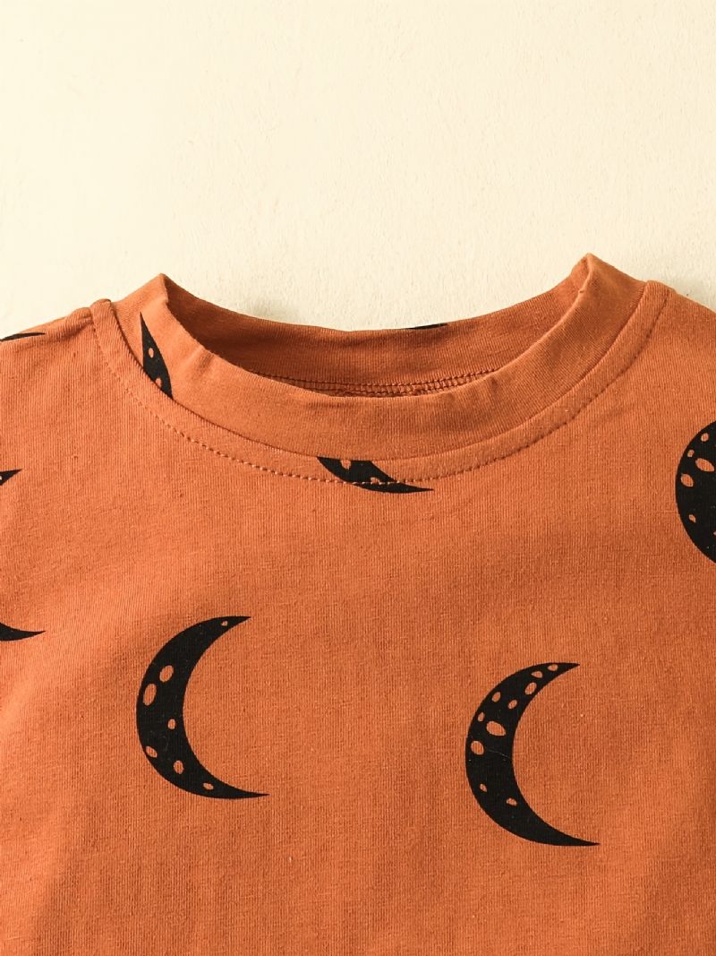 2 Stk Baby Drenge Moon Print Rundhalset Langærmet Sweatshirt & Buksesæt