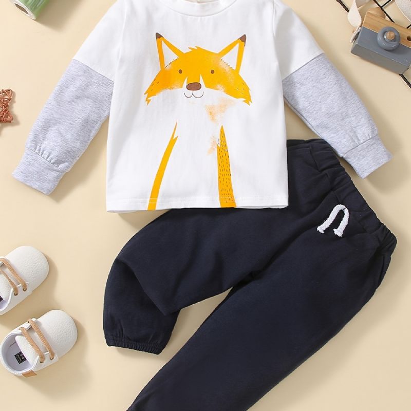 2 Stk Baby Drenge Ræveprint Pullover Rundhalset Langærmet Sweatshirt & Buksesæt