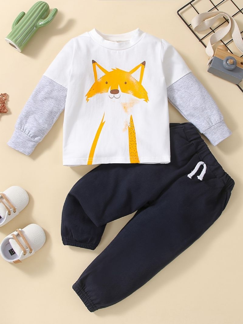 2 Stk Baby Drenge Ræveprint Pullover Rundhalset Langærmet Sweatshirt & Buksesæt