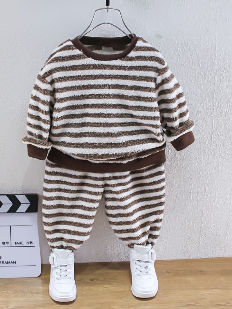 2 Stk Baby Drenge Stribet Plys Pullover Rundhalset Langærmet Sweatshirt & Bukser Sæt Børnetøj