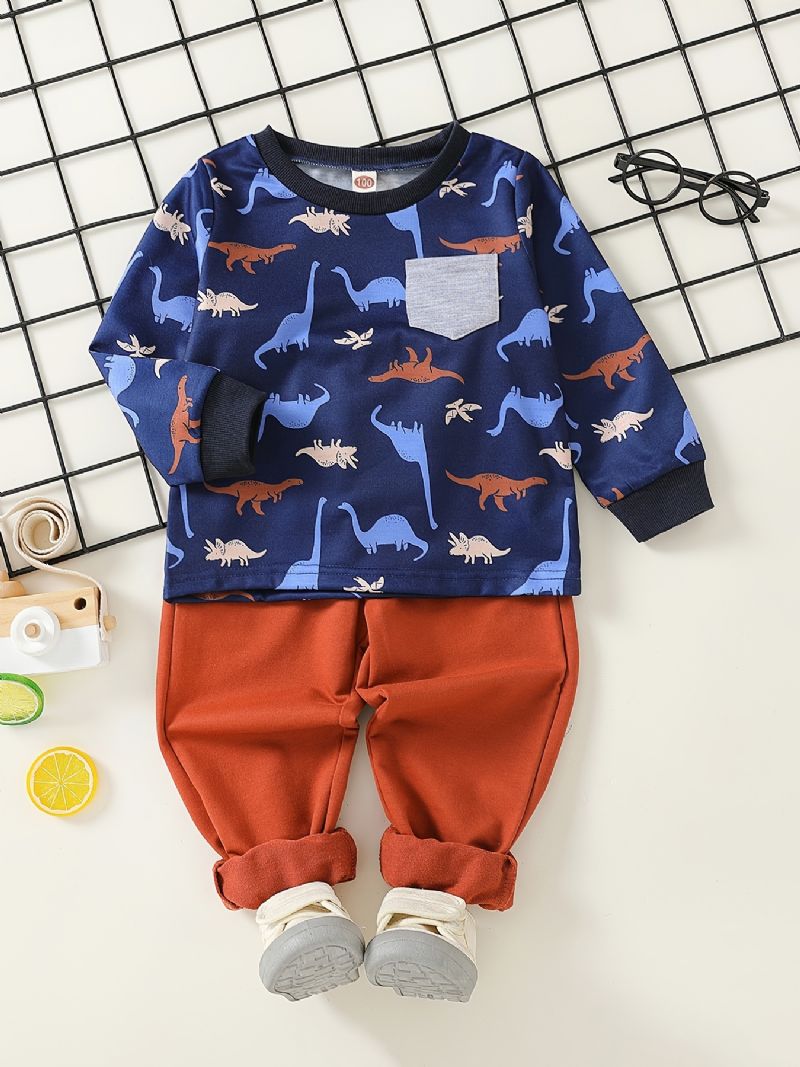 2 Stk Baby Drenge T-shirt Dinosaur Print Rundhalset Langærmede Top & Buksesæt Børnetøj