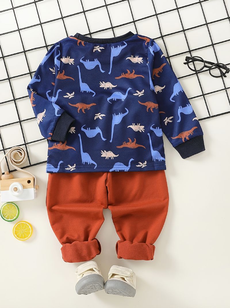 2 Stk Baby Drenge T-shirt Dinosaur Print Rundhalset Langærmede Top & Buksesæt Børnetøj