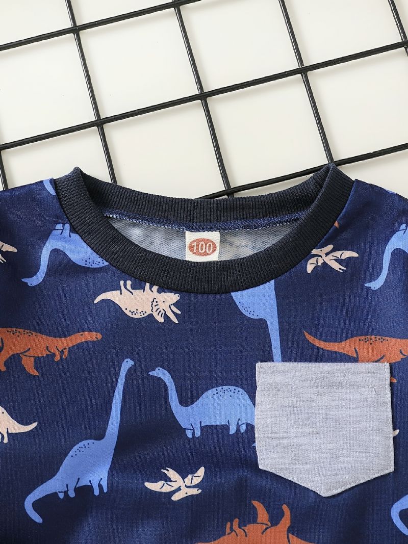 2 Stk Baby Drenge T-shirt Dinosaur Print Rundhalset Langærmede Top & Buksesæt Børnetøj