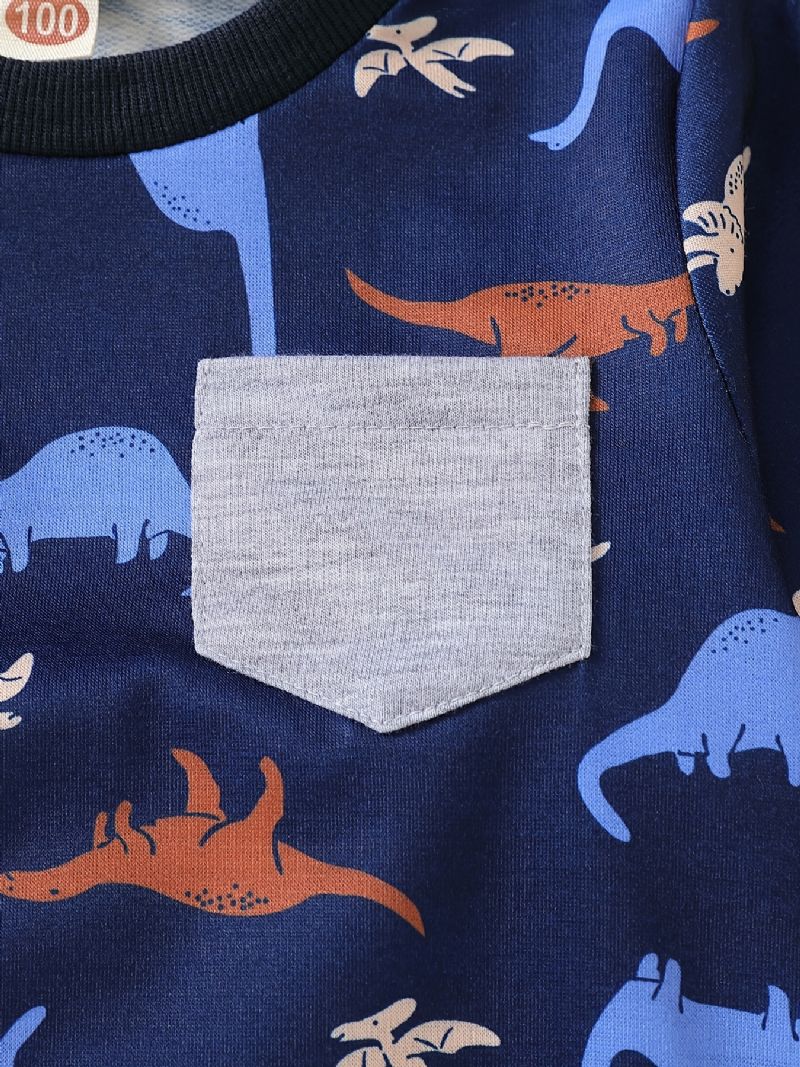 2 Stk Baby Drenge T-shirt Dinosaur Print Rundhalset Langærmede Top & Buksesæt Børnetøj