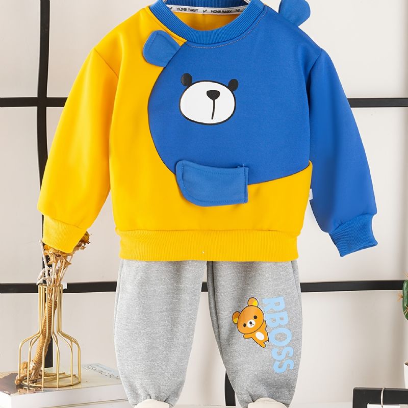 2 Stk Baby Drenge Tegneserie Bjørne Splejsningstrøje Rund Hals Langærmet Sweatshirt Og Buksesæt Børnetøj