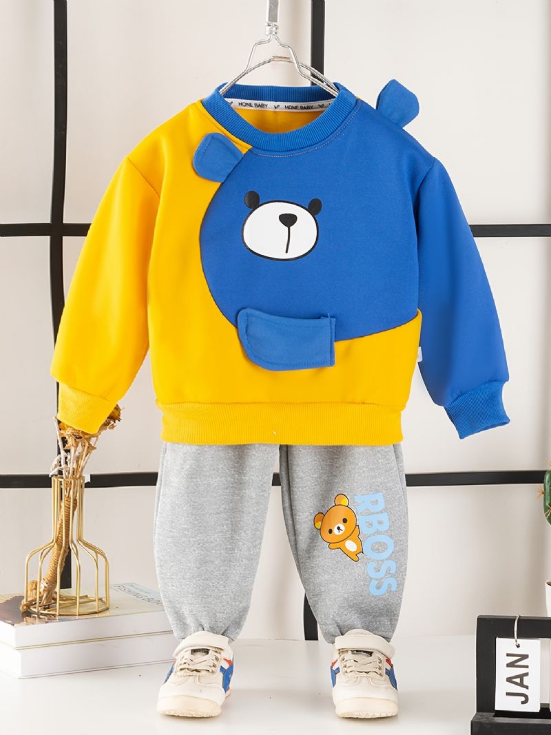 2 Stk Baby Drenge Tegneserie Bjørne Splejsningstrøje Rund Hals Langærmet Sweatshirt Og Buksesæt Børnetøj