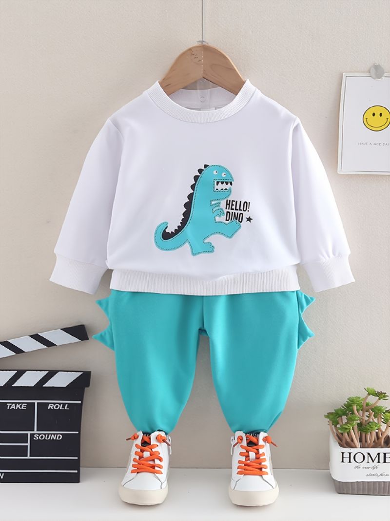 2 Stk Baby Little Dinosaur Print Pullover Rund Hals Langærmet Sweatshirt & Buksesæt Til Piger Drenge