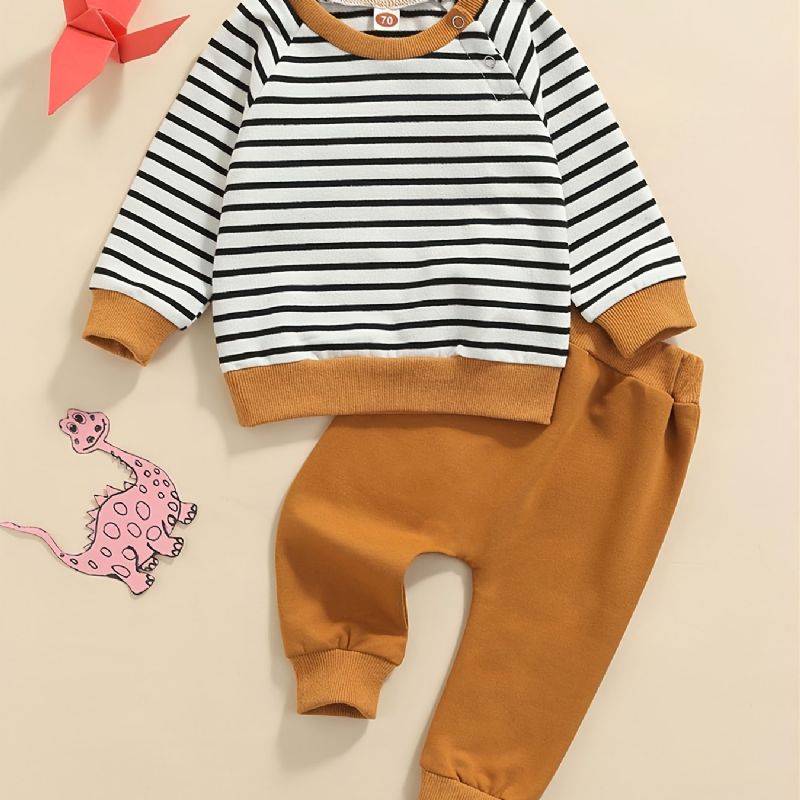 2 Stk Baby Stribet Sweatshirt & Ensfarvede Bukser Sæt