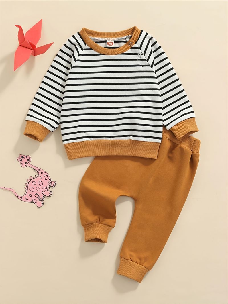 2 Stk Baby Stribet Sweatshirt & Ensfarvede Bukser Sæt