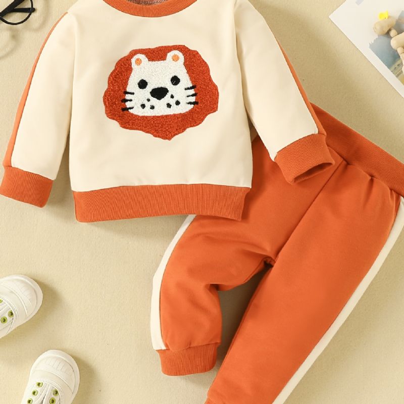 2 Stk Baby Tegneserie Løve Pullover Med Rund Hals Langærmet Sweatshirt & Splejsningsbuksesæt Piger Drenge Børnetøj