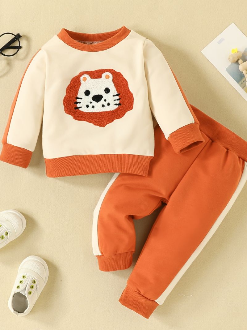 2 Stk Baby Tegneserie Løve Pullover Med Rund Hals Langærmet Sweatshirt & Splejsningsbuksesæt Piger Drenge Børnetøj