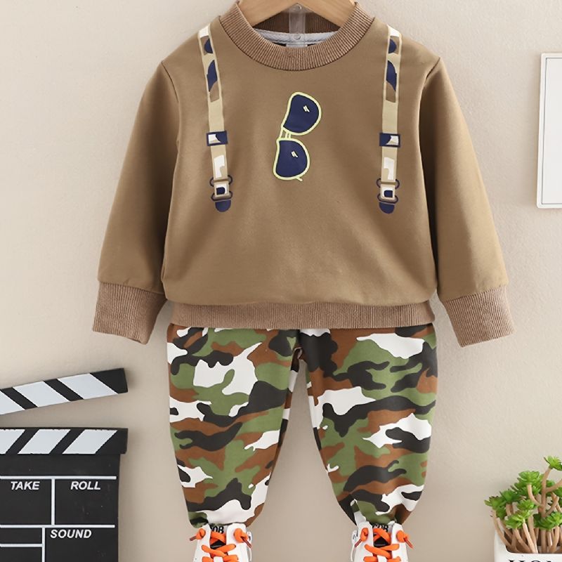 2 Stk Babystrop Solbriller Print Pullover Rundhalset Langærmet Sweatshirt & Camouflagebuksesæt Til Drenge