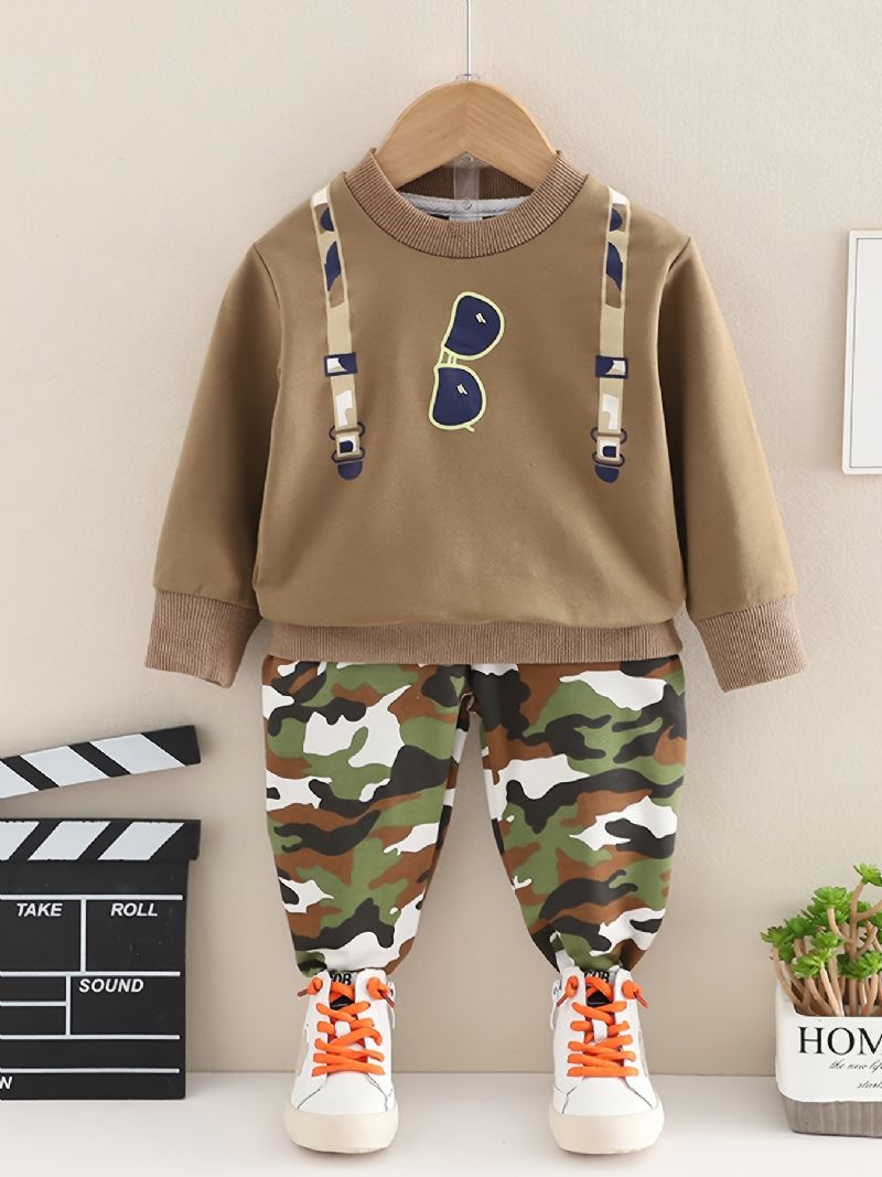 2 Stk Babystrop Solbriller Print Pullover Rundhalset Langærmet Sweatshirt & Camouflagebuksesæt Til Drenge