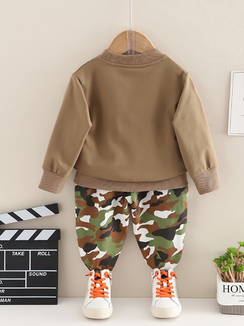 2 Stk Babystrop Solbriller Print Pullover Rundhalset Langærmet Sweatshirt & Camouflagebuksesæt Til Drenge