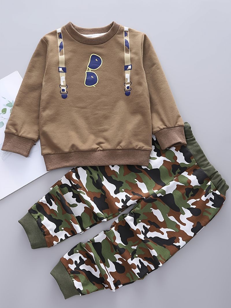 2 Stk Babystrop Solbriller Print Pullover Rundhalset Langærmet Sweatshirt & Camouflagebuksesæt Til Drenge