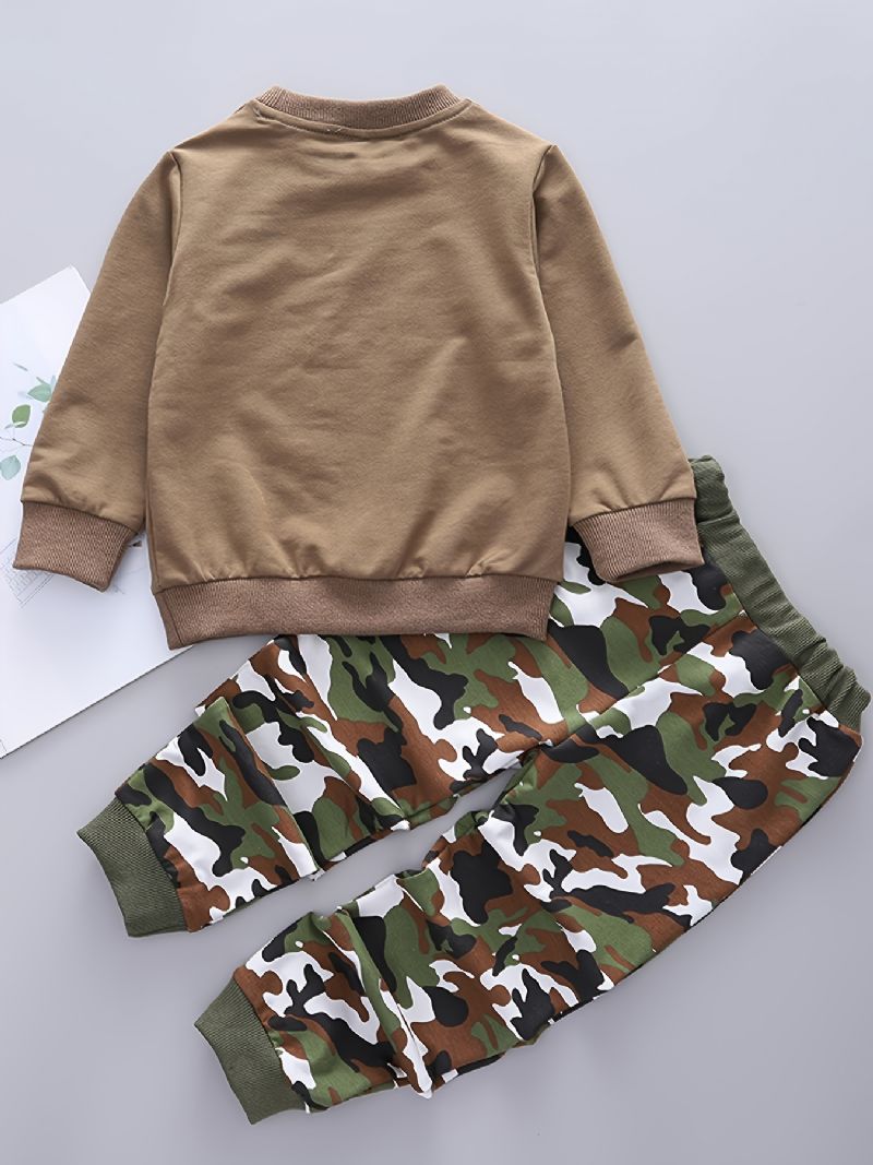 2 Stk Babystrop Solbriller Print Pullover Rundhalset Langærmet Sweatshirt & Camouflagebuksesæt Til Drenge