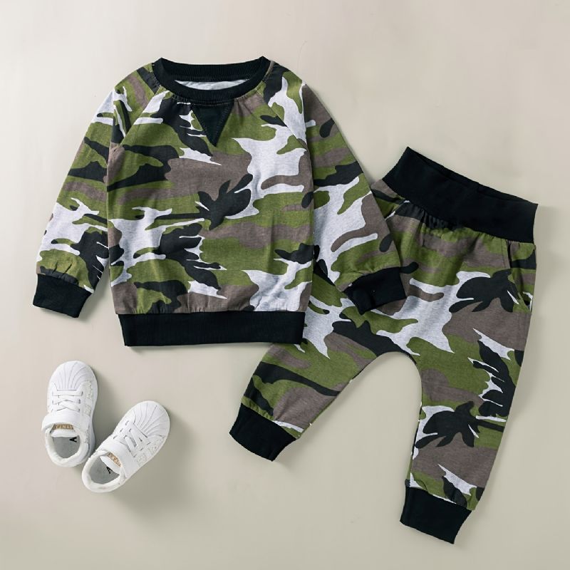 2 Stk Drenge Camo Print Sweatshirt Bukser Sæt