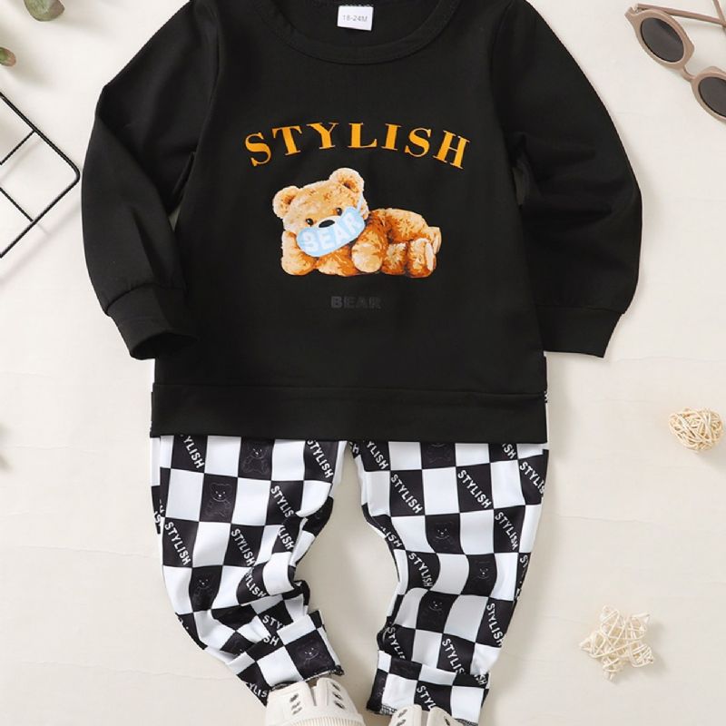 2 Stk Drenge Casual Bear Grafisk Mønster Sweatshirts & Ternede Print Bukser Sæt