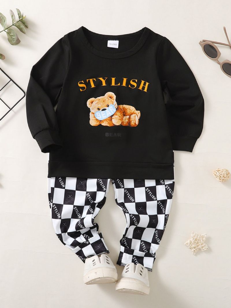 2 Stk Drenge Casual Bear Grafisk Mønster Sweatshirts & Ternede Print Bukser Sæt