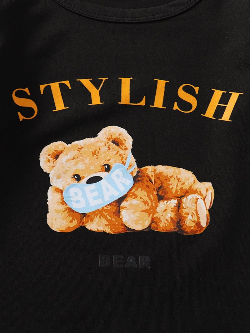 2 Stk Drenge Casual Bear Grafisk Mønster Sweatshirts & Ternede Print Bukser Sæt