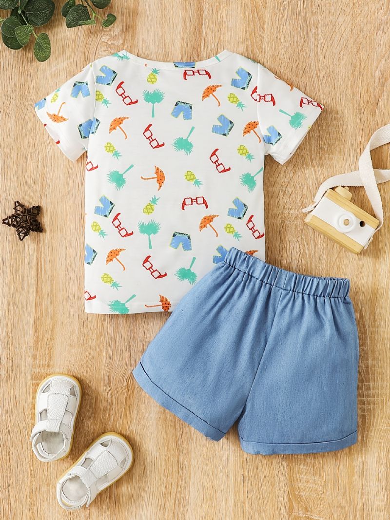 2 Stk Drenge Casual Fuld Random Print Denim Shorts Sæt