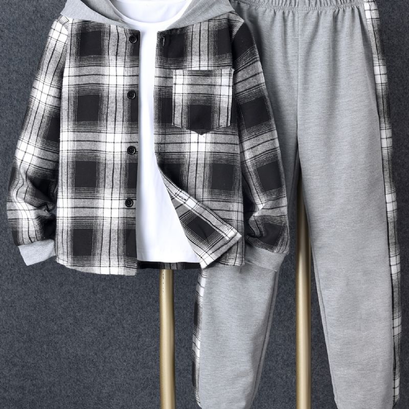 2 Stk. Drenge Casual Langærmet Plaid Hættejakke & Sweatpants Sæt Til Vinter