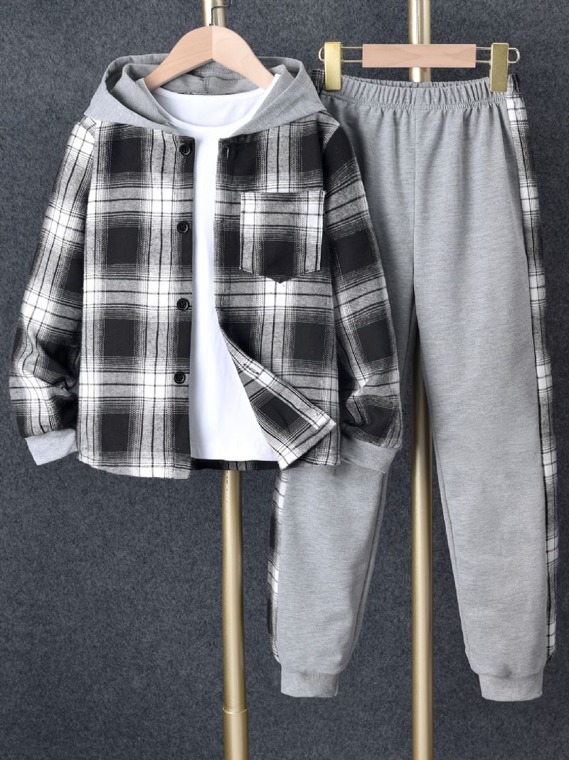 2 Stk. Drenge Casual Langærmet Plaid Hættejakke & Sweatpants Sæt Til Vinter