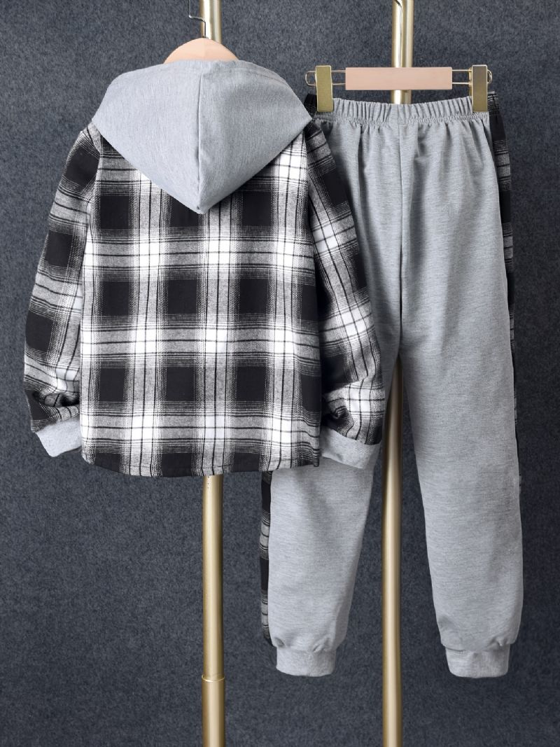 2 Stk. Drenge Casual Langærmet Plaid Hættejakke & Sweatpants Sæt Til Vinter