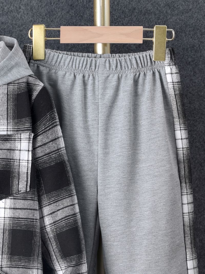 2 Stk. Drenge Casual Langærmet Plaid Hættejakke & Sweatpants Sæt Til Vinter