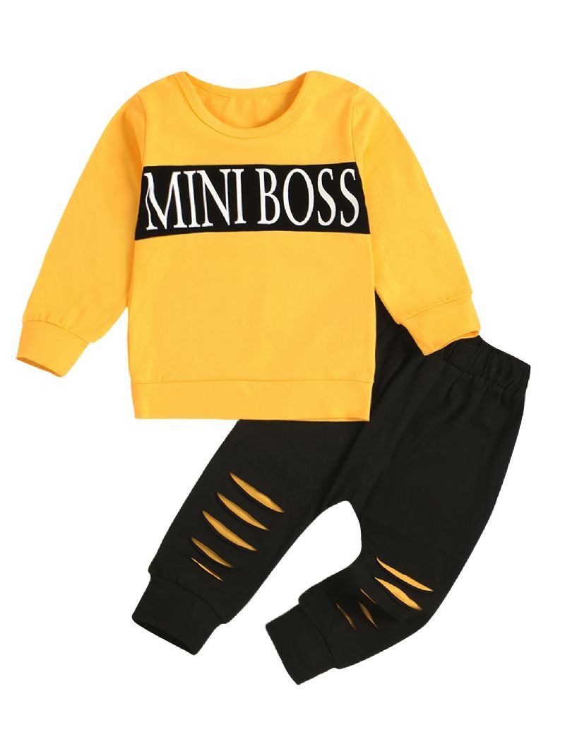 2 Stk Drenge Casual Sæt Med Mini Boss Print Active Pullover Sweatshirt & Rippede Joggingbukser Til Vinter