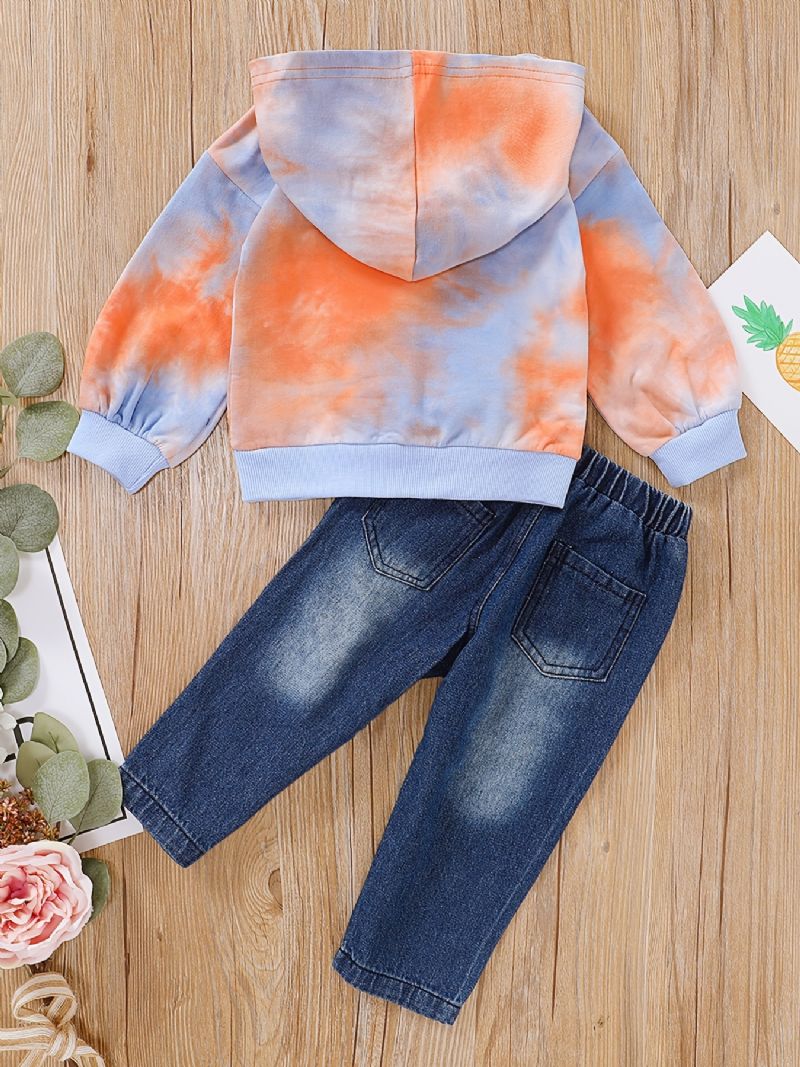 2 Stk Drenge Casual Tie Dye Hættetrøje & Ripped Denim Jeans Sæt Til Vinter