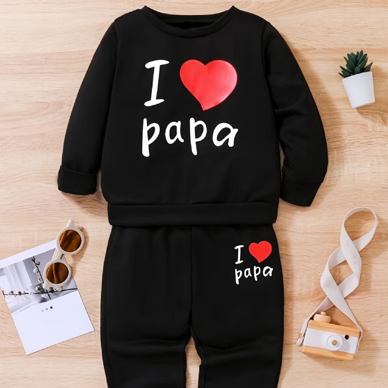 2 Stk Drenge Causal Active Sæt Med I Love Papa Print Pullover Sweatshirt & Sweatpants Til Vinter