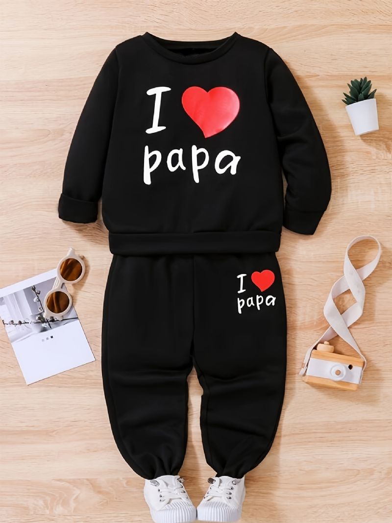 2 Stk Drenge Causal Active Sæt Med I Love Papa Print Pullover Sweatshirt & Sweatpants Til Vinter