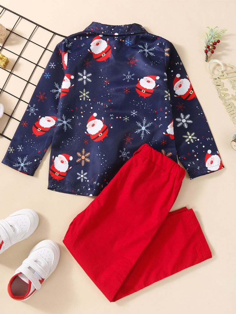 2 Stk. Drenge Christmas Print Bowtie Skjorte & Røde Bukser Sæt