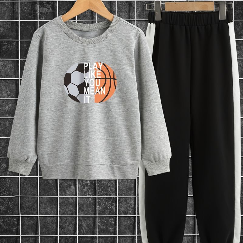 2 Stk Drenge Fodbold Basketball Print Langærmet Top & Elastisk Talje Joggingbukser Sæt Børnetøj