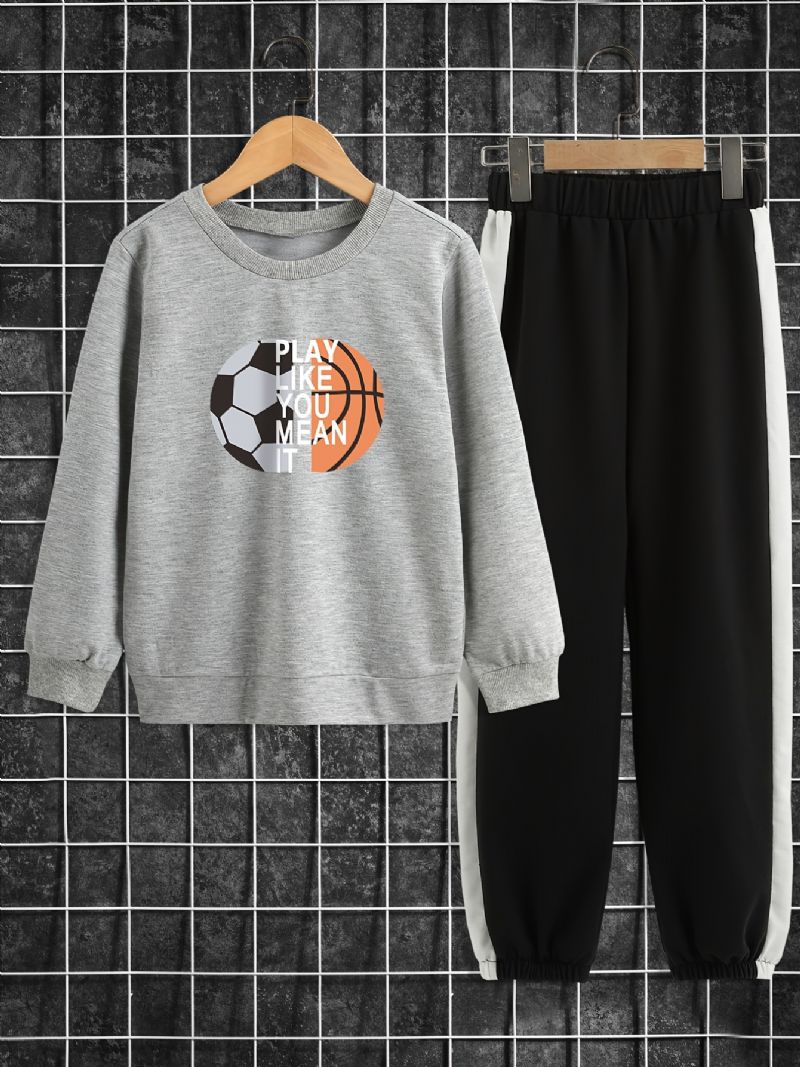 2 Stk Drenge Fodbold Basketball Print Langærmet Top & Elastisk Talje Joggingbukser Sæt Børnetøj