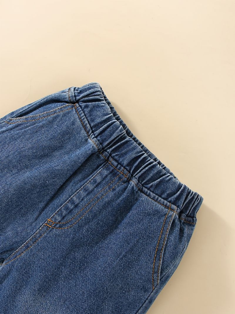 2 Stk Drenge Hvid Knap Foran Kortærmet Top Elastisk Talje Denim Jeans Sæt Tøj