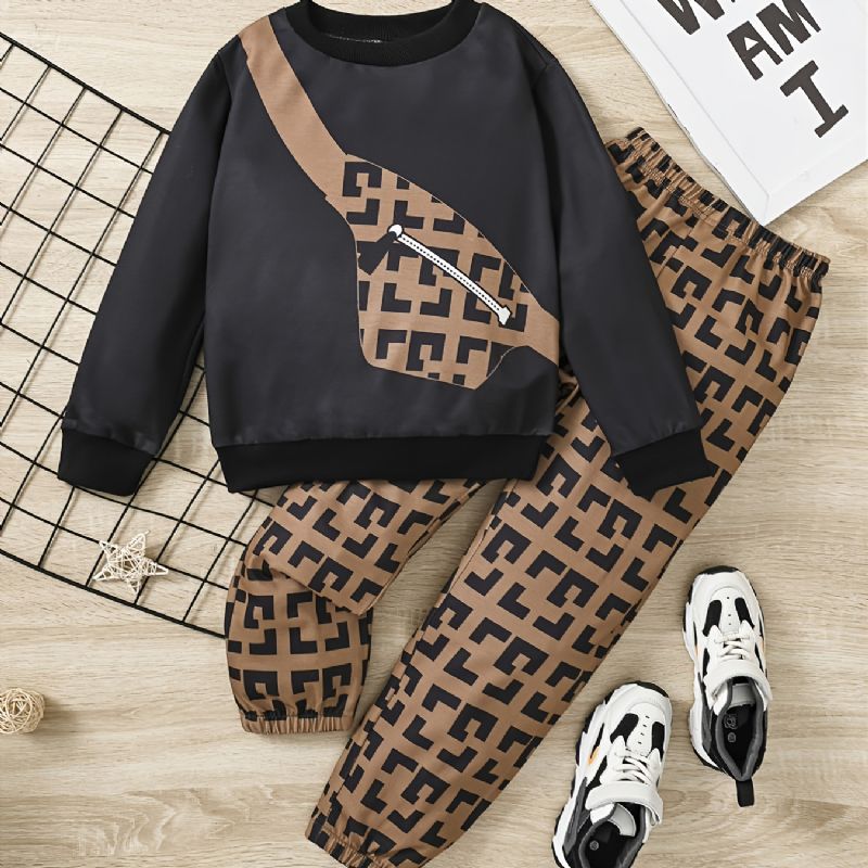 2 Stk Drenge Mode Bag Print Rund Hals Langærmet Sweatshirt & Bukser Sæt