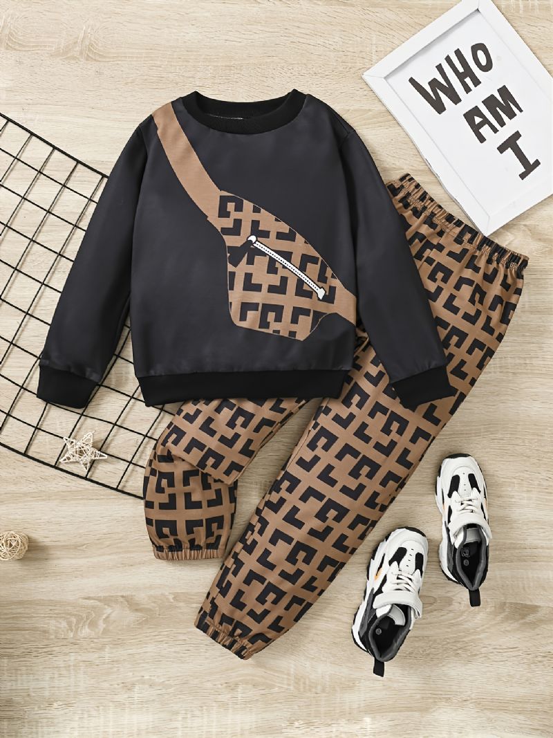 2 Stk Drenge Mode Bag Print Rund Hals Langærmet Sweatshirt & Bukser Sæt