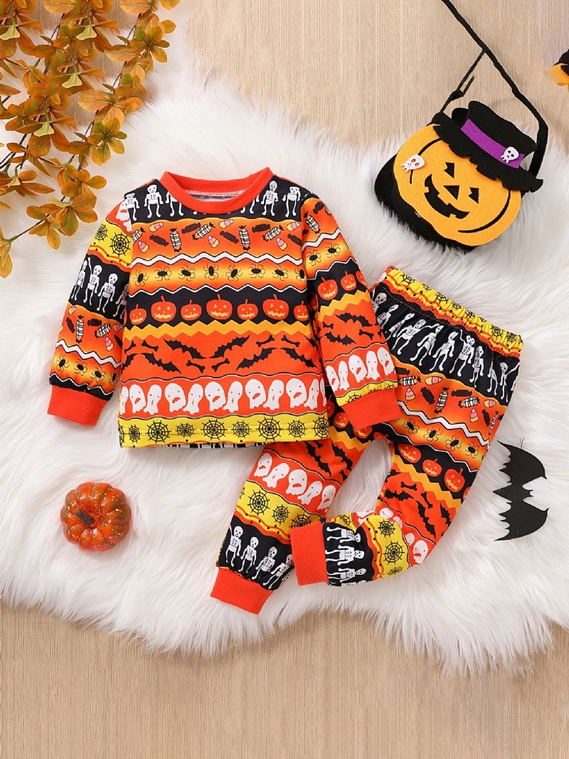 2 Stk Drenge Søde Halloween Print Pyjamas Sæt Med Pullover Sweatshirt & Bukser Til Fest