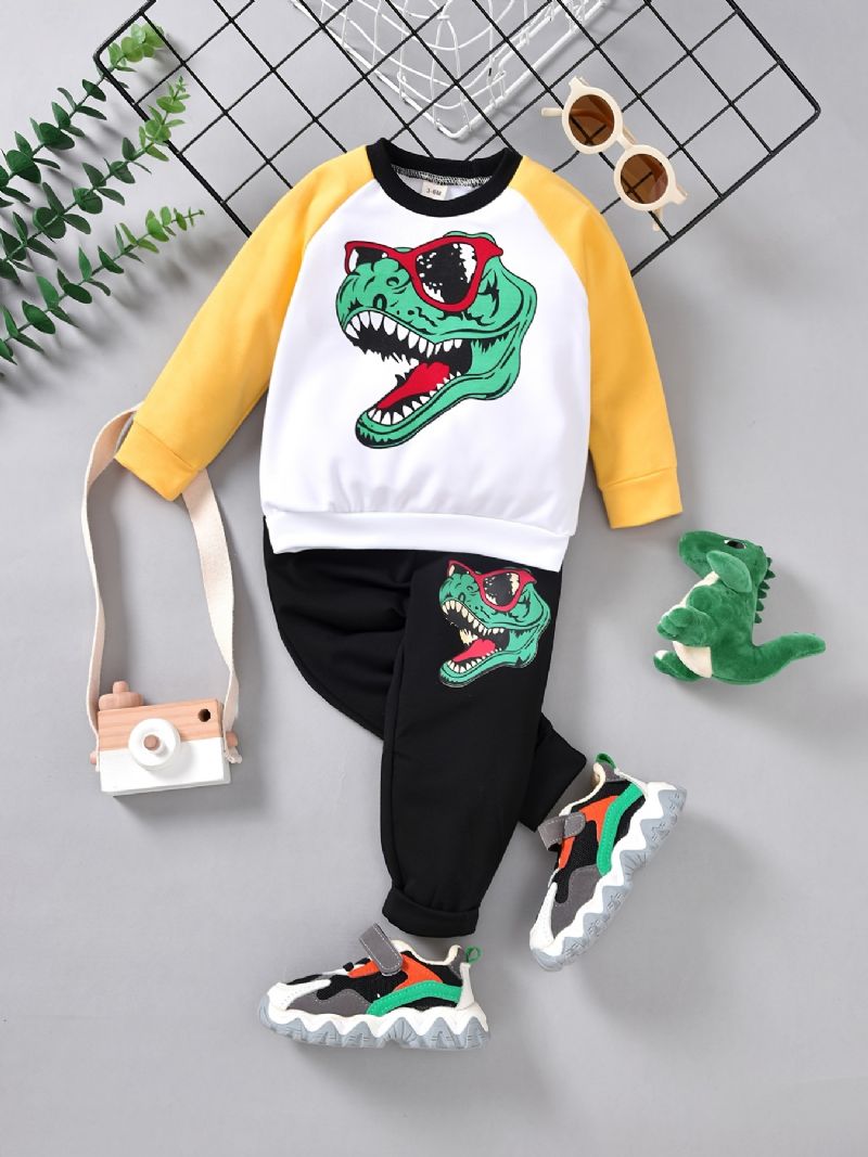 2 Stk Drenge Termisk Trøje Sweatshirt & Joggingbukser Med Dinosaur Print Casual Tegneserie Langærmet Sæt Til Vinter