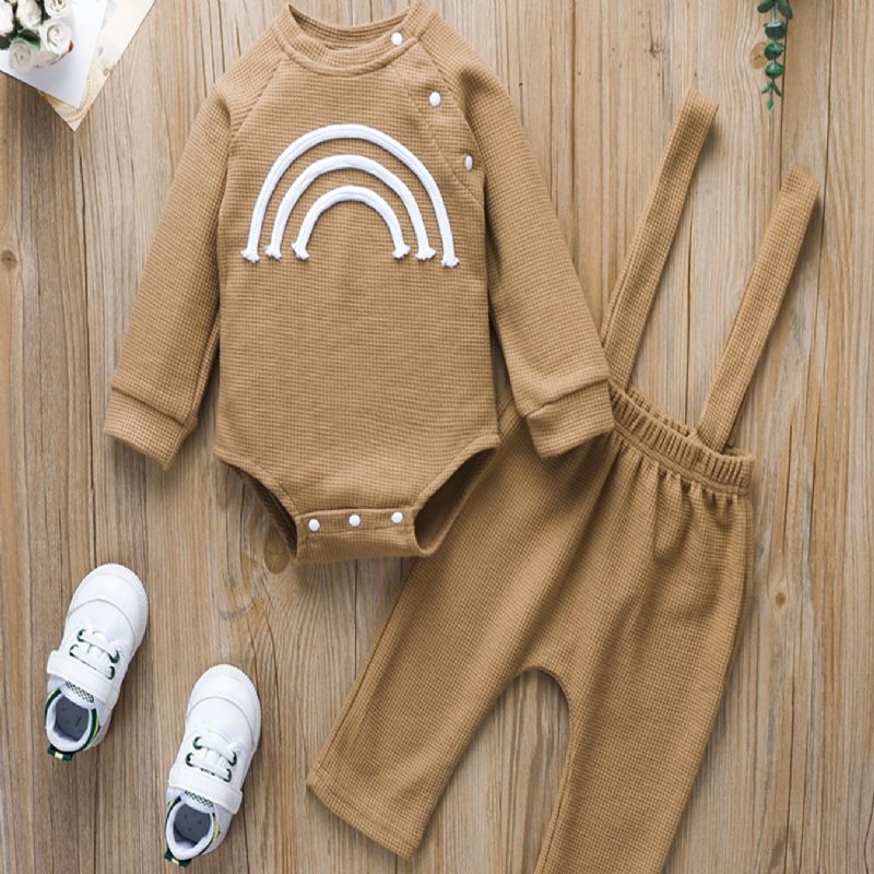 2 Stk Newborn Baby Drenge Tøj Spædbarn Romper Vinter Forår Vaffel Strik Outfits Langærmede Regnbue Snap Tops & Bukser Sæt